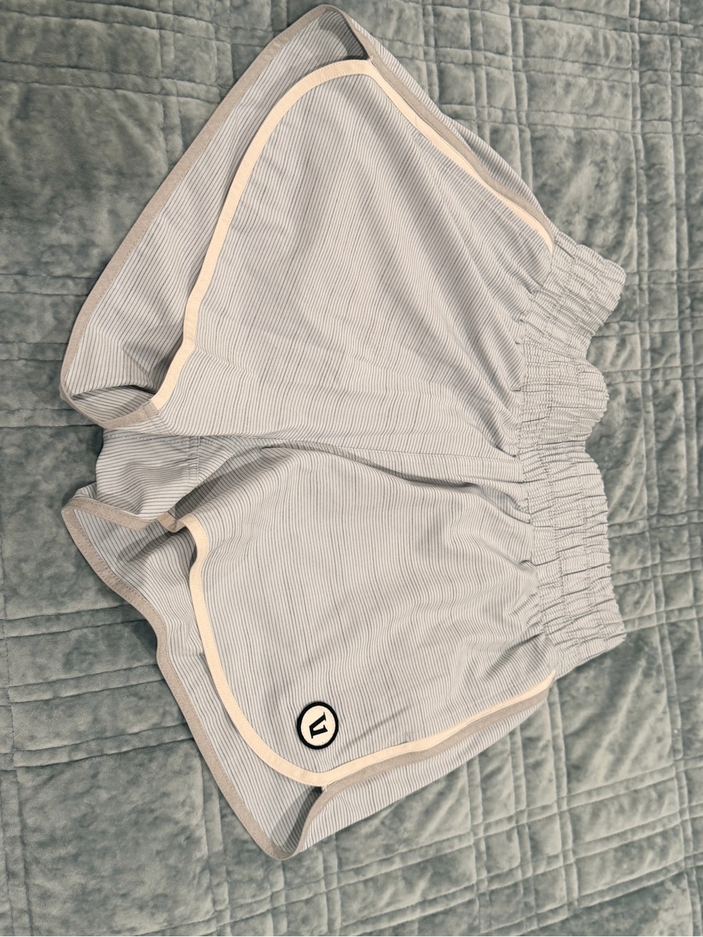 Vuori Light Gray Striped Athletic Shorts with Cream Trim